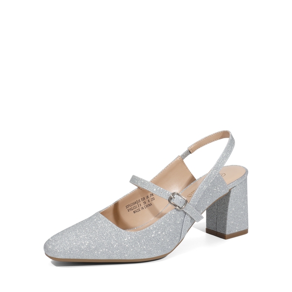 Mary Jane Slingback Chunky Heel Pumps - SILVER GLITTER -  0